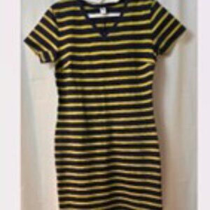 Old Navy Women Dress Bodycon V Neck Knit Blue Yellow Striped Short Sleeve Size L